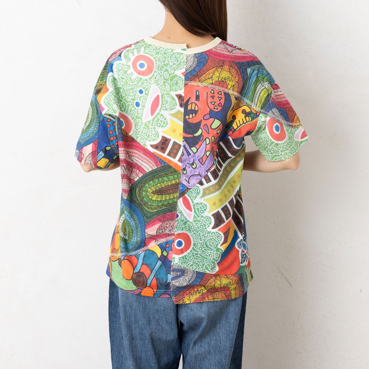 tシャツ 「Seivson」月模様ネットのパッチワークトップ レディース 151681：パッチワークウサギ柄 ドット切替BIG-Tシャツの通販-ScoLar